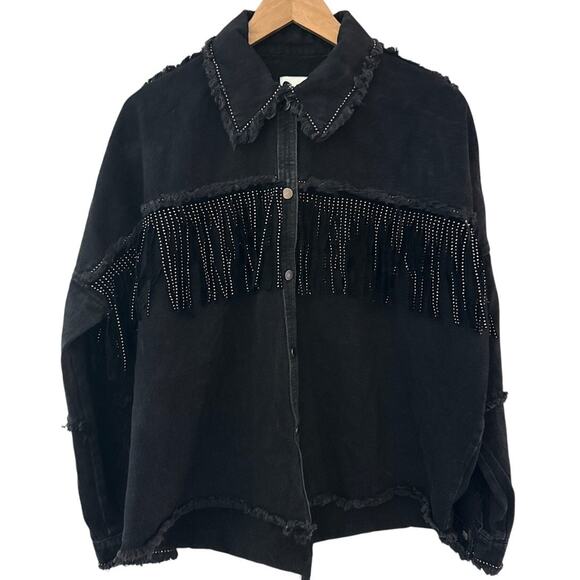Zara Rhinestone Fringe Studded Jean Jacket  Black Size Medium - Picture 5 of 13